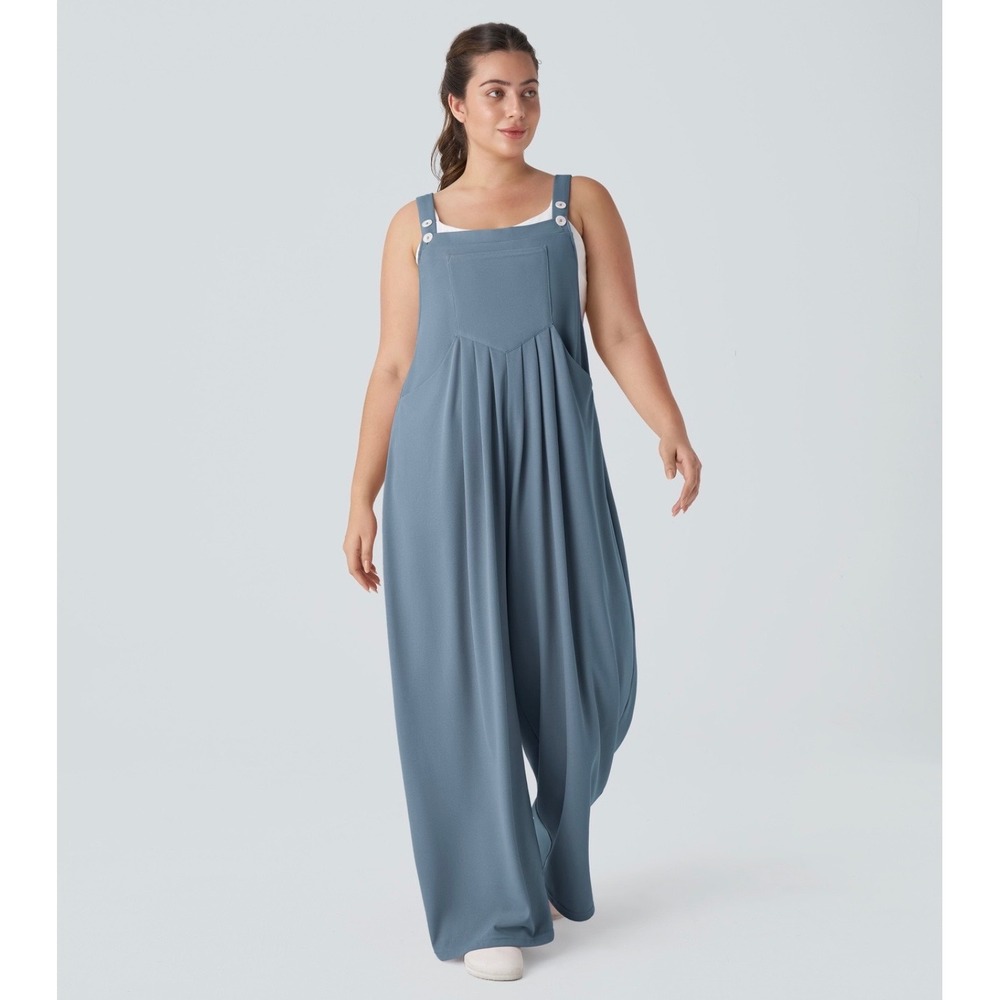 Halara Easy Breezy Wide Leg Overalls Blue‎ Waffle Knit Jumpsuit XL 02682434